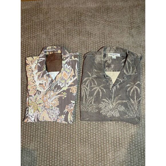 SET (2) TOMMY BAHAMA SZ XL 100% Silk Tropical Floral Mens Hawaiian Shirt Brown - Picture 1 of 12